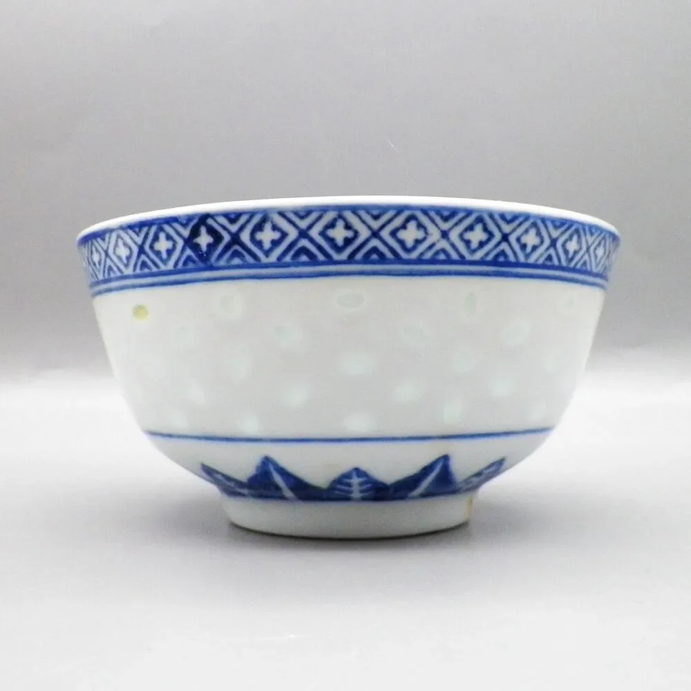 Chinese Blue White Porcelain Translucent Rice Eye Rice Bowl with Spoon
